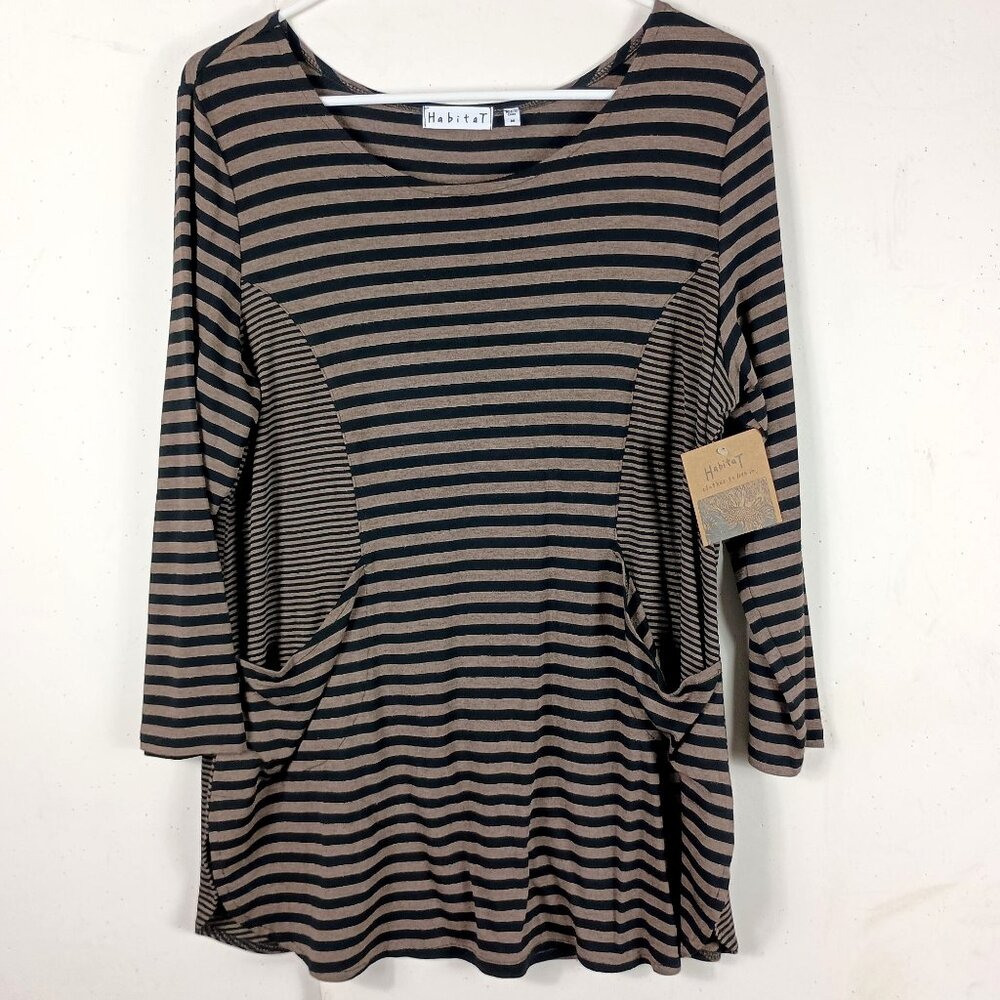 Habitat Striped Tunic Top Womens M Nutmeg Black Lagenlook Artsy Pockets NEW - Picture 1 of 6